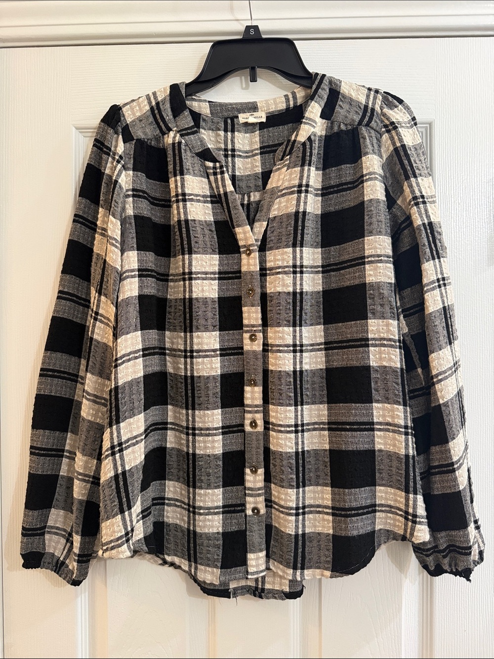 Elle Black & Cream Plaid Button-Front Blouse